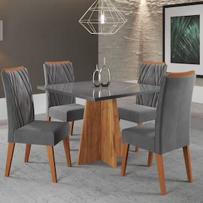 Mesa de Jantar Quadrada Columbia Tampo em Mdp sem Vidro 90x90 e 4 Cadeiras Vegas em Madeira Maciça Mel/Cinza/Grafite