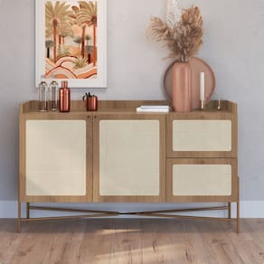 Balcão Buffet 2 Portas 2 Gavetas 139cm Palhinha Pé Metal Hanover/Dourado