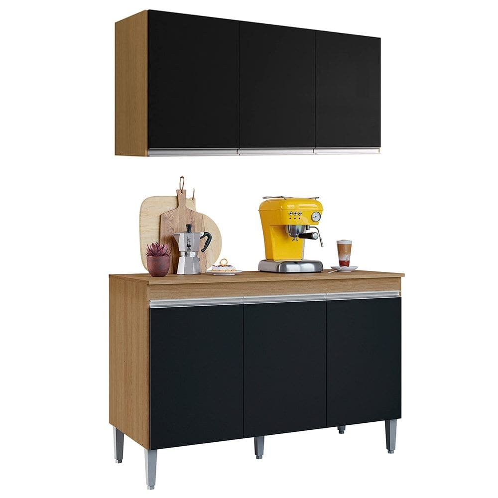 Armário Andréia e Balcão Com Tampo 120cm Manu Preto/Amêndoa - AJL Móveis