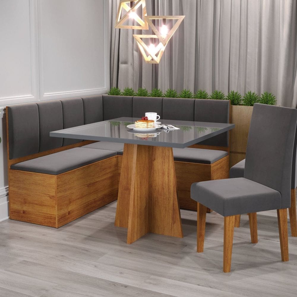Conjunto Canto Alemão com Baú Trento Mesa Quadrada com Vidro 90x90 e 2 Cadeira Venus Mdp/mdf Mel/Grafite