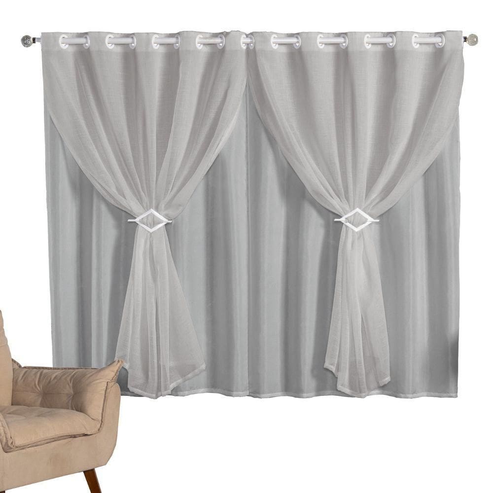 Cortina 2metros Voal Linho Com Forro Varão 2x1,7m Cinza