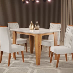 Mesa de Jantar Retangular Divine com Vidro 1,20x90 e 4 Cadeiras Vegas em Madeira Maciça Mel/Off White/Marfim