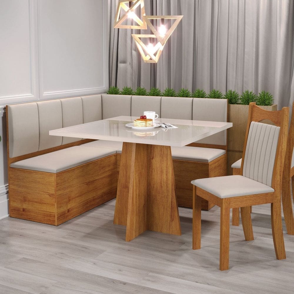 Conjunto Canto Alemão com Baú Trento Mesa Quadrada com Vidro 90x90 e 2 Cadeira Dallas em Mdp/mdf Mel/Marfim/Off White