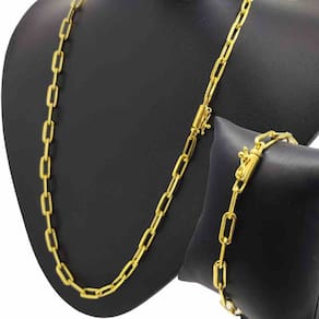 Conjunto Banhado Ouro 18k Kartie Cadeado Longo Fecho Gaveta Pulseira + Corrente 5MM - 60CM