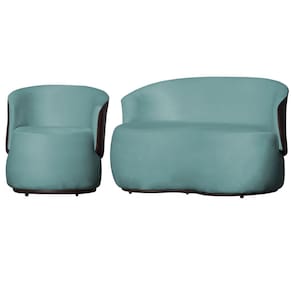 Kit Poltrona e 1 Namoradeira Orgânica Decorativa Beatriz Veludo Azul Turquesa/PU Marrom - Montanaris Decor