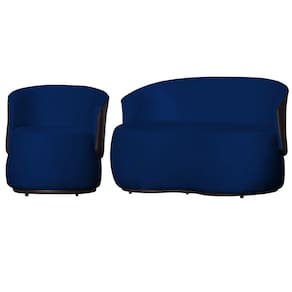Kit Poltrona e 1 Namoradeira Orgânica Decorativa Beatriz Veludo Azul Marinho/PU Marrom - Montanaris Decor