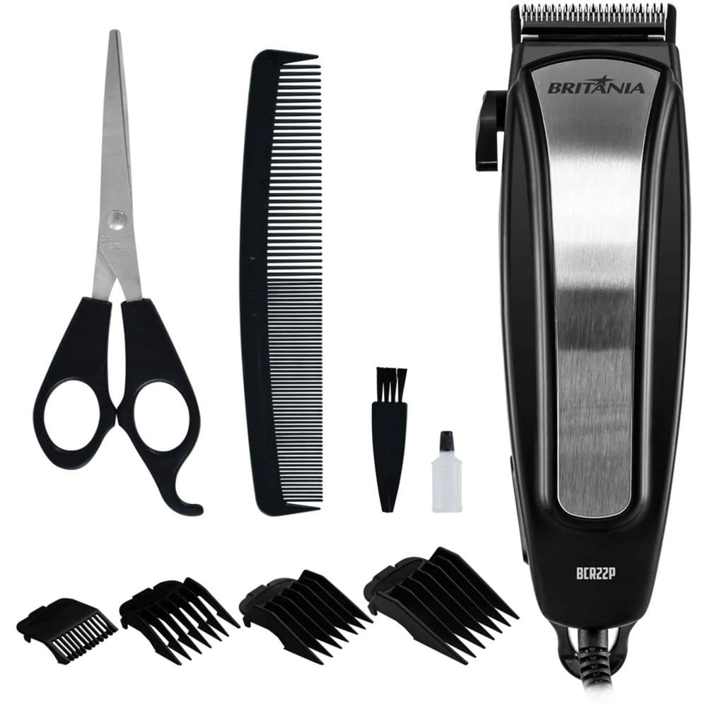 Kit Cortador Cabelos Britânia BCR22P Inox 9 Acessórios 5 Alturas Lâminas Aço Inox