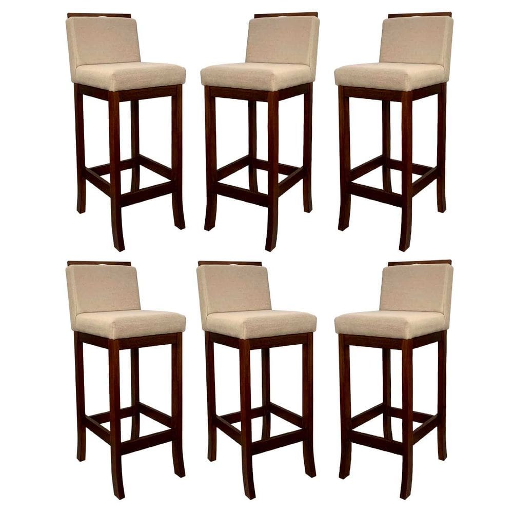 Kit 6 Banquetas Alta para Cozinha Gourmet Turim Madeira Castanho Linho Bege CCS