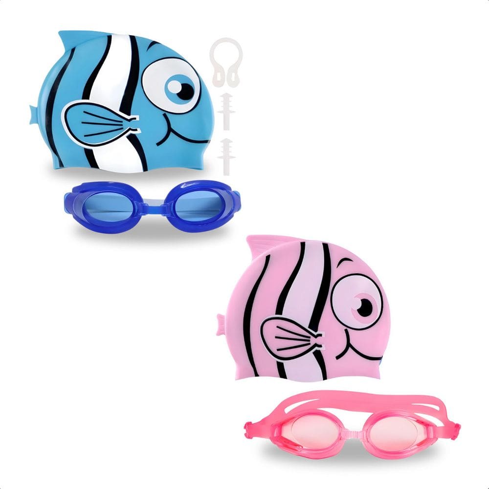 Kit Natação Infantil Peixe Menino E Menina Touca Toca Óculos Mergulho Silicone Com Protetor 5 Peças