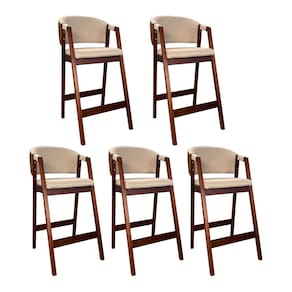 Kit 5 Banquetas Alta com Encosto Ravena Madeira Maciça Maciça Castanho Linho Bege Marrom CCS