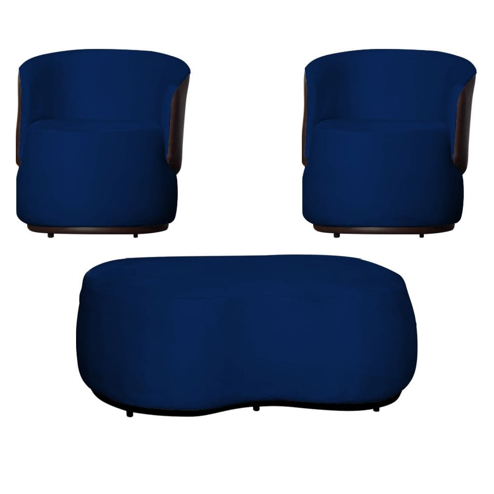 Kit 02 Poltronas e 01 Puff Decorativo Beatriz Veludo Azul Marinho/PU Marrom - Montanaris Decor