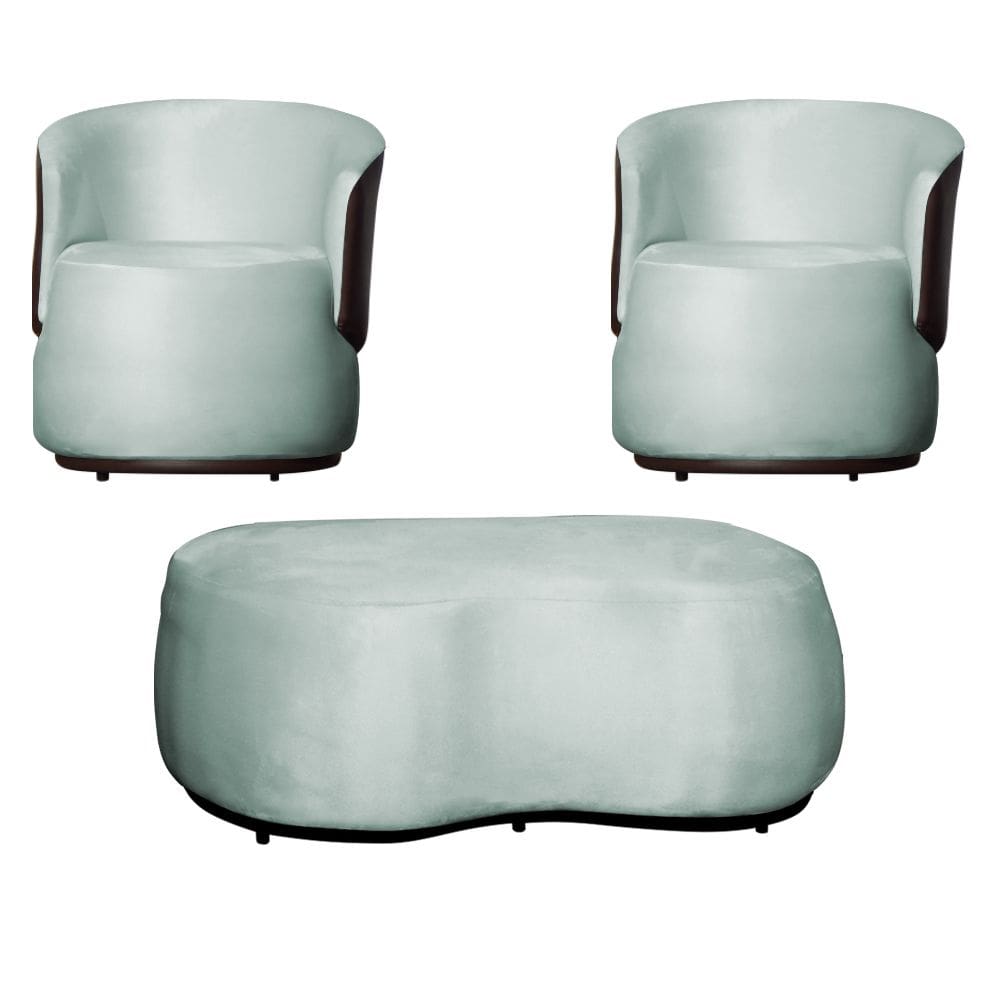 Kit 02 Poltronas e 01 Puff Decorativo Beatriz Veludo Acqua/PU Marrom - Montanaris Decor