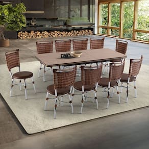 Conjunto Sala de Jantar Mesa Elástica com 10 Cadeiras Fort Brastubo Cromado/Amadeirado Claro/Café