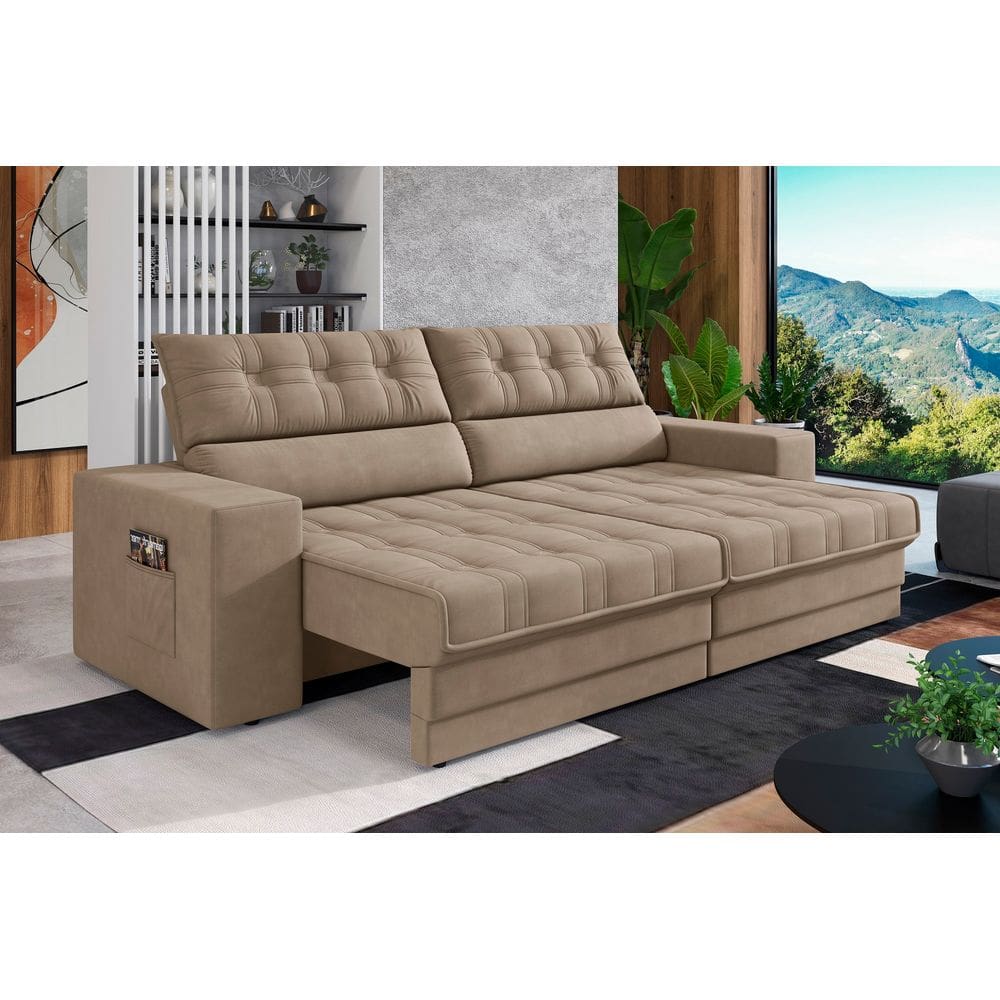 Sofá Oscar Plus 2,30m Retrátil/Reclinável Suede Capuccino - XFlex Sofás