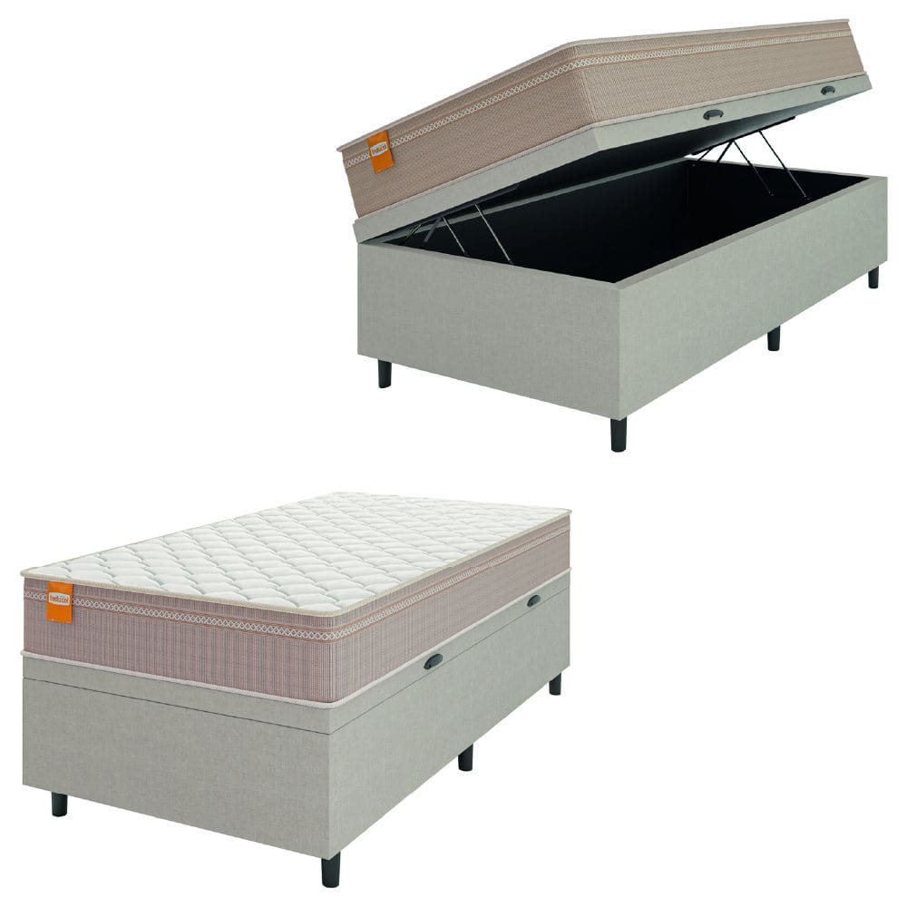 Cama Box Baú Solteiro Colchão Molas Qatar 88x188x63cm Bege/Branco Inducol - Suporta Até 200 Kg Por Pessoa