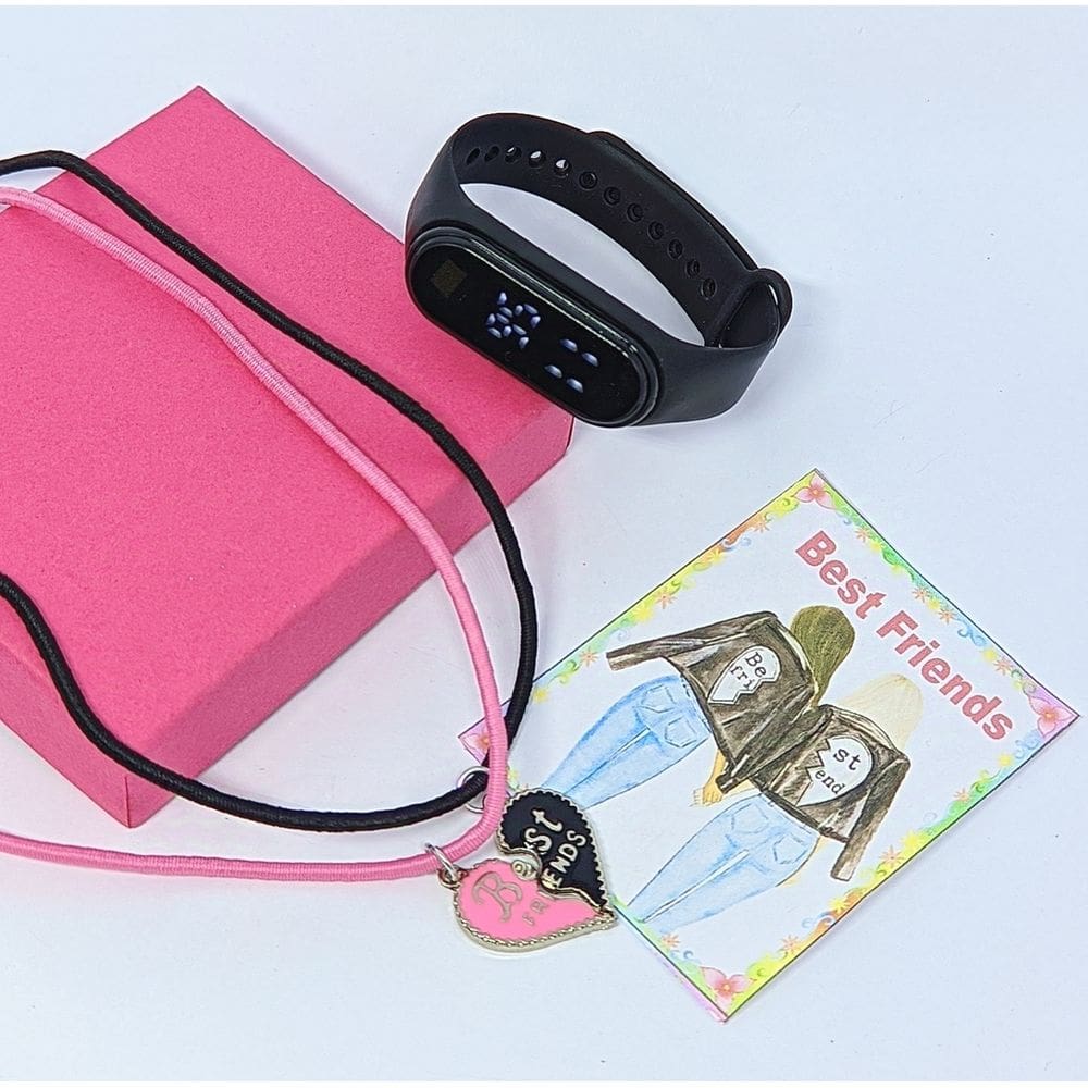 Kit Relógio Infantil Digital Led Silione Esporte Menina Menino + Colares Amizade Best Friends Pingente Desenho Animado