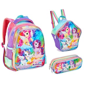 Kit Mochila Lancheira e Estojo Escolar Infantil Unicórnio