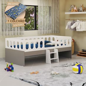 Cama Juvenil Lara Solteiro Com Escadinha E Colchão Branco E Cinza - Baby Mobília