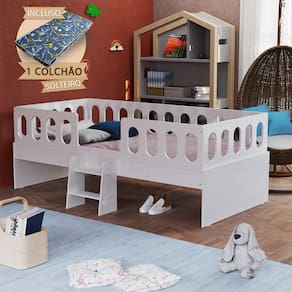 Cama Infantil Lara Solteiro Com Escadinha E Colchão Branco - Baby Mobília
