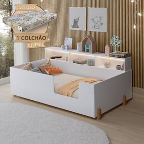 Cama Premium Criança Infantil Montessoriana Juvenil Doçura Com Nicho Branca + Colchão