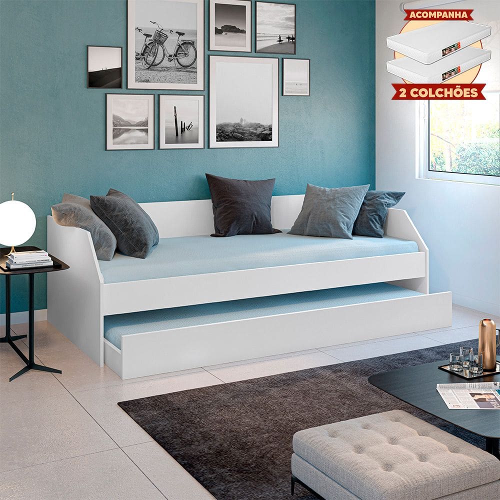 Sofá Cama Solteiro Duo Com Cama Auxiliar Em Mdf Reforçado 15mm Branco Com 2 Colchões