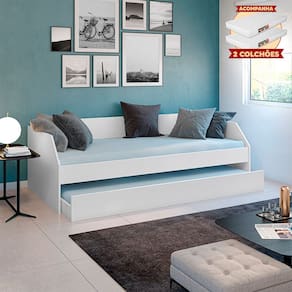 Bicama Solteiro Duo Luxo Com Cama Auxiliar Em Mdf Premium Branco Com 2 Colchões