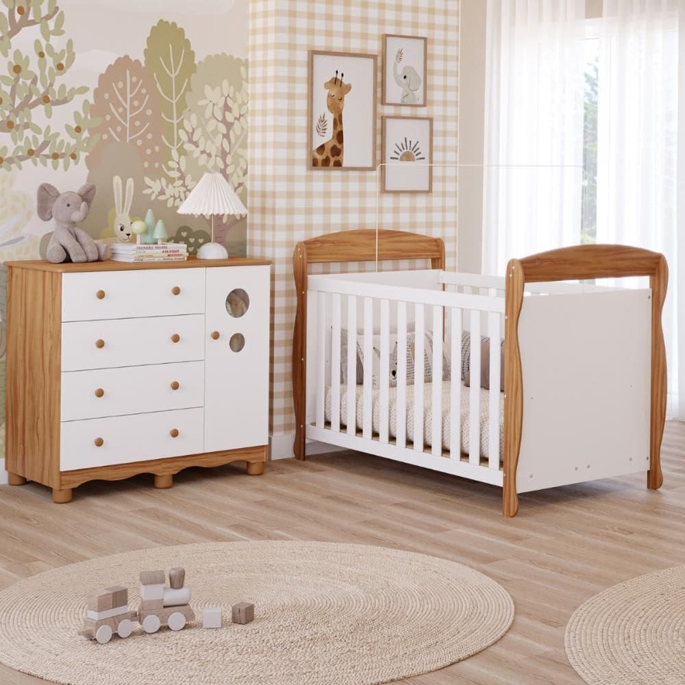 Quarto Bebê Completo Berço Americano Marquesa 3Em1 Cômoda Bolinha 4 Gavetas 1 Porta 100% MDF Peroba