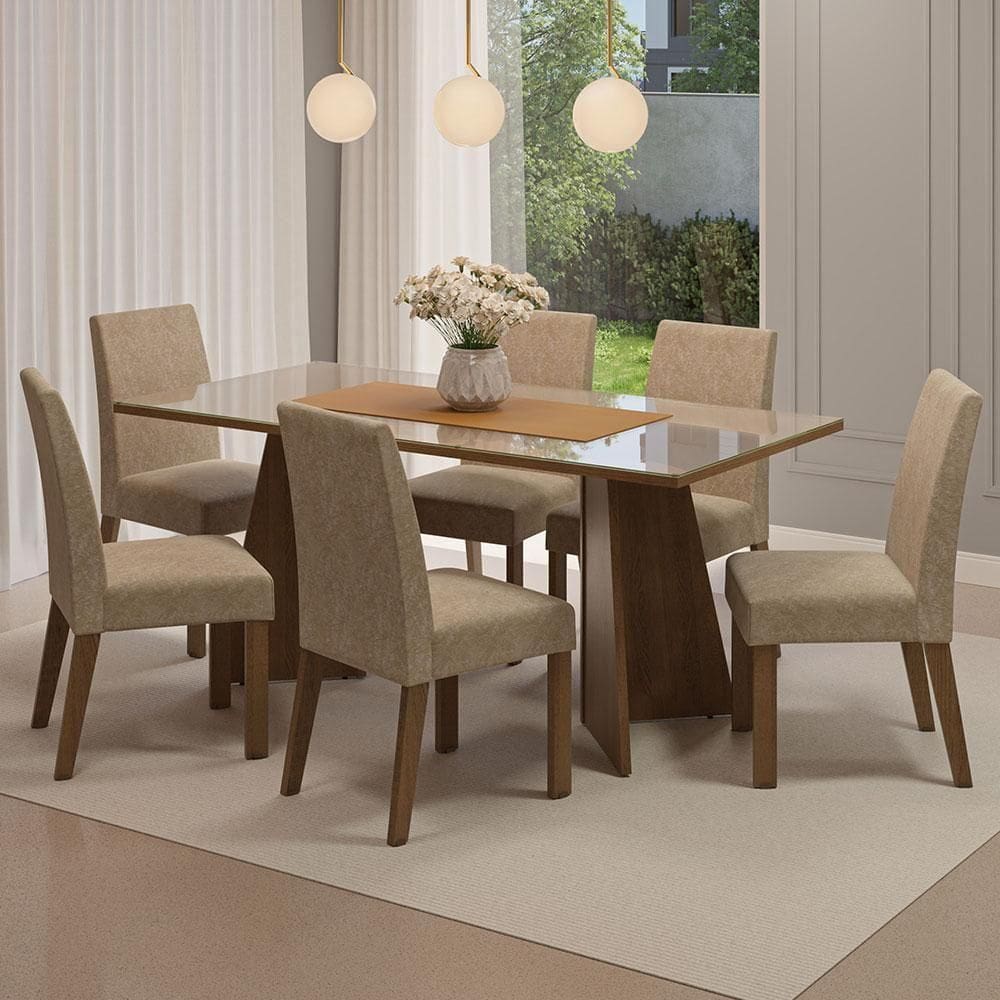 Conjunto Sala Jantar Mesa Vidro 6 Cadeiras Rustic