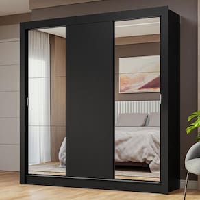 Guarda-roupa Casal 3 Portas Correr Espelhos Preto Nobre