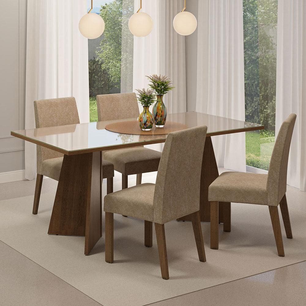 Conjunto Sala Jantar Mesa Vidro 4 Cadeiras Rustic
