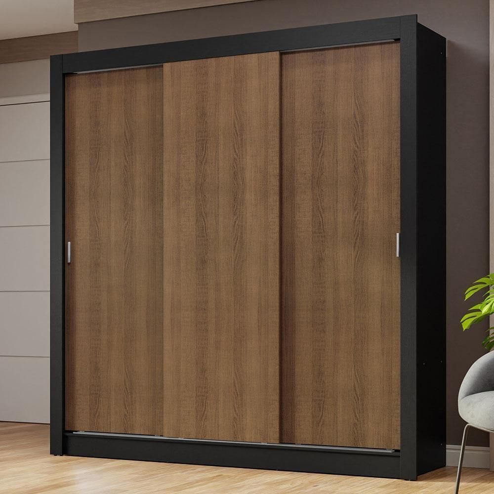 Guarda-roupa Casal 3 Portas Correr Preto/Rustic Nobre
