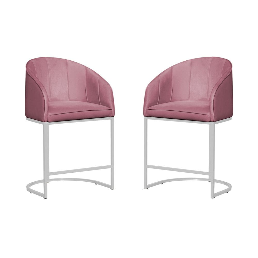Kit 02 Poltronas Cadeira Banqueta Mia Base Branca Veludo Rosa - Montanaris Decor