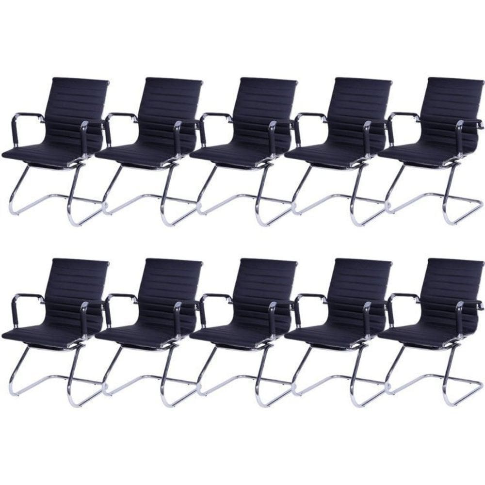 Kit 10 Cadeiras para Escritório Interlocutor Base Fixa Esteirinha Sintético 3301 Preto