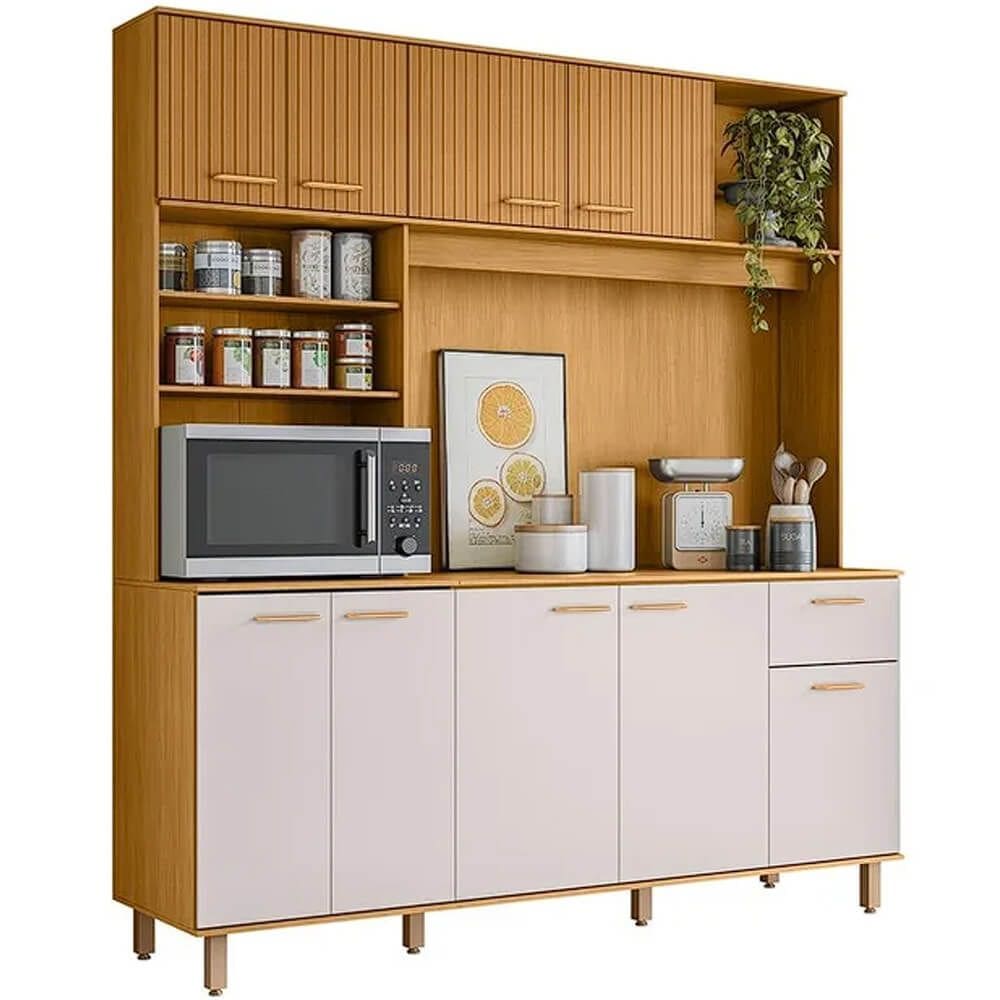 Armário de Cozinha Nuria 9 Portas 1 Gaveta Ripado 3D Poliman Cor Freijó Off White