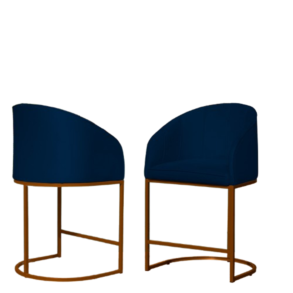 Kit 02 Poltronas Cadeira Banqueta Mia Base Bronze Veludo Azul Marinho - Montanaris Decor