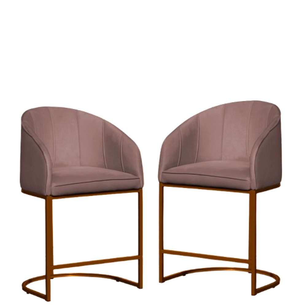 Kit 02 Poltronas Cadeira Banqueta Mia Base Bronze Veludo Rosê - Montanaris Decor