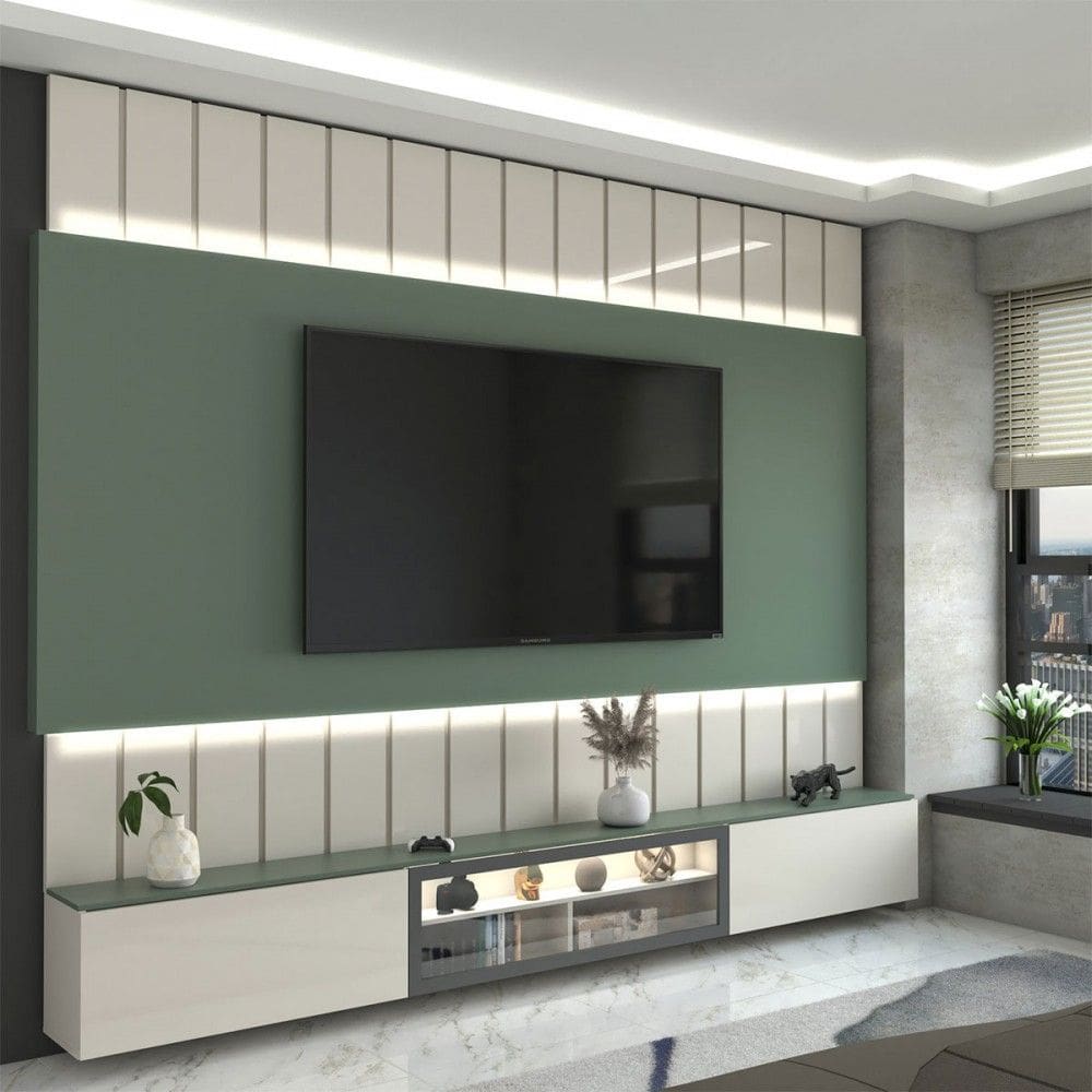 Painel para TV 85 Polegadas Imperator 3 Portas 100% Mdf com Led Off White/Verde - Panorama Móveis