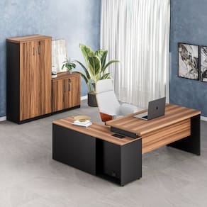 Conjunto de Mesa em L150x150cm, com Armário Baixo com Chave e Armário Alto Marrom/Preto