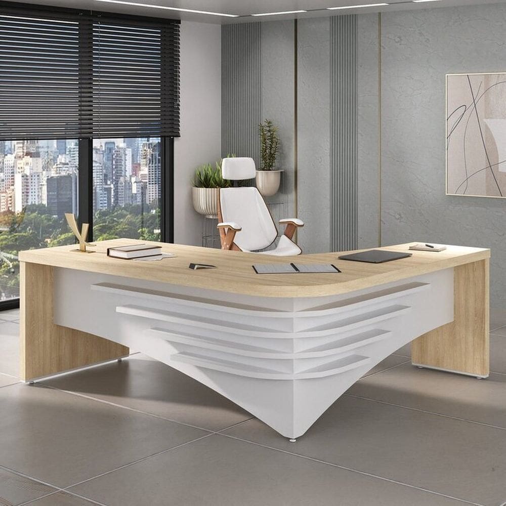 Kit com Mesa para Escritório Diretor em L e Cadeira de Escritório Presidente Lisboa Espresso Móveis Carvalho/Branco