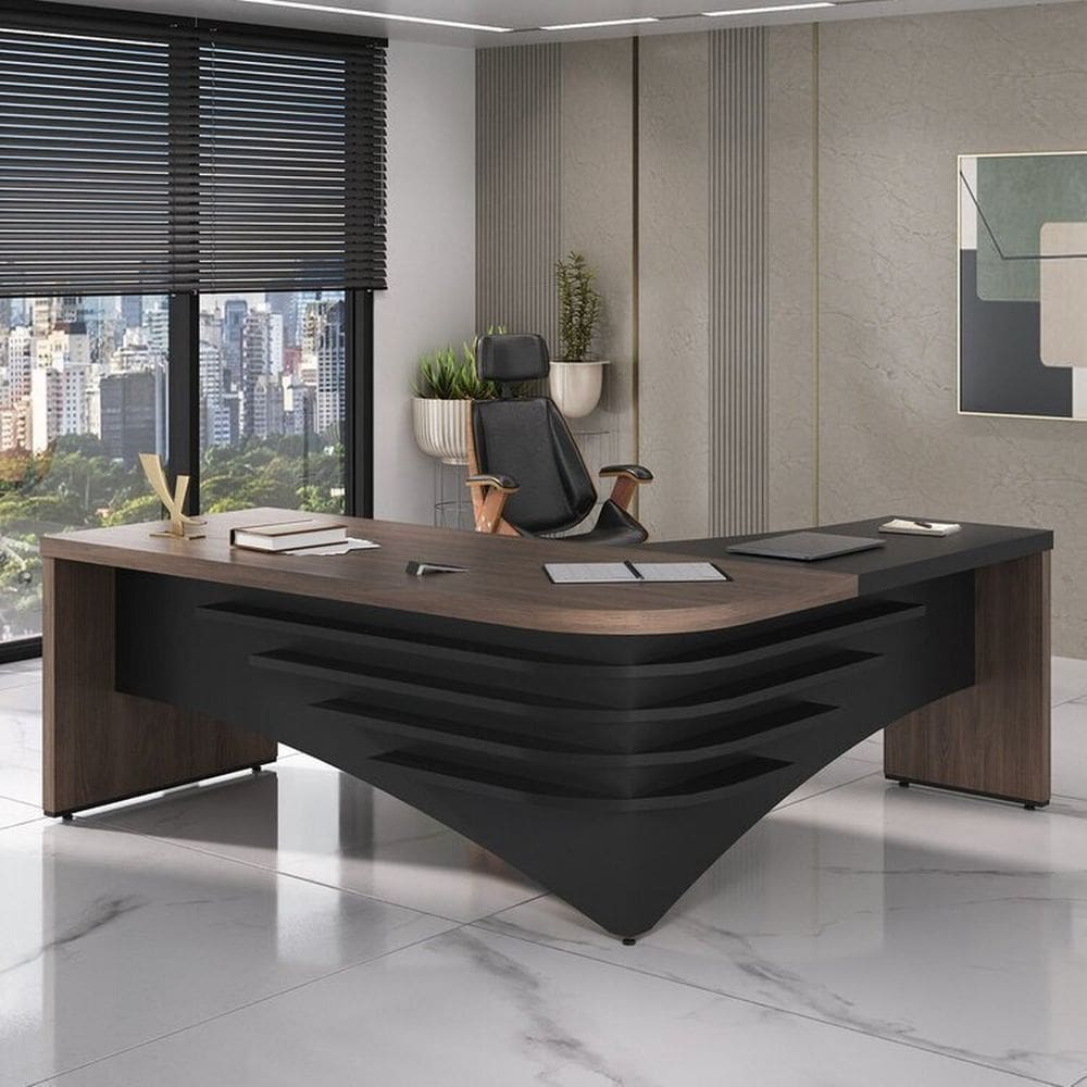 Kit com Mesa para Escritório Diretor em L e Cadeira de Escritório Presidente Lisboa Espresso Móveis Charuto/Preto