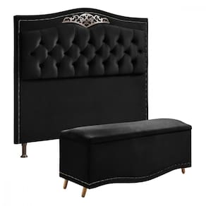 Conjunto Cabeceira e Calçadeira Holanda 1,60 Queen Veludo Preto
