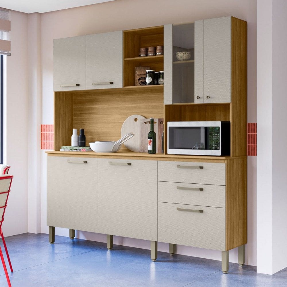 Cozinha Compacta Mega 7 Portas 2 Gavetas com Vidro Freijó/Soft - Kits Paraná