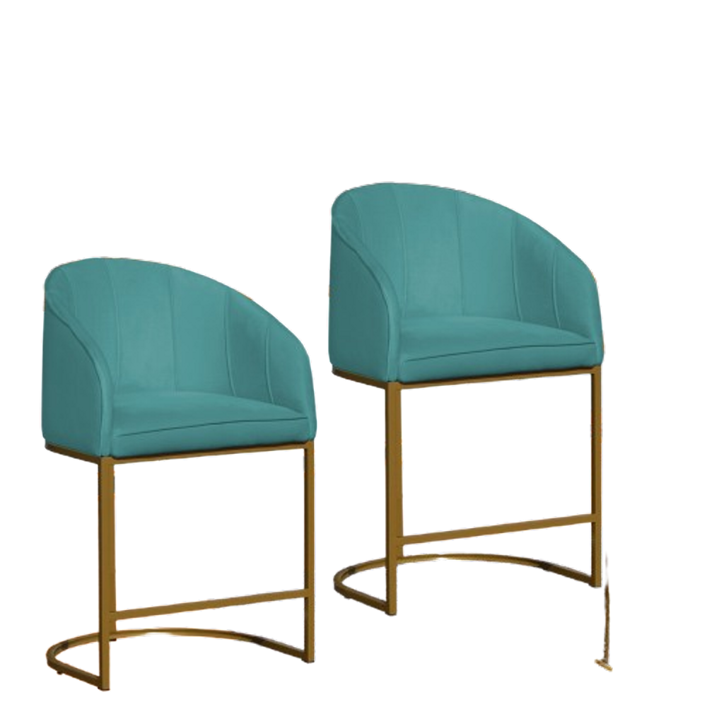 Kit 02 Poltronas Cadeira Banqueta Mia Base Dourada Veludo Azul Turquesa - Montanaris Decor