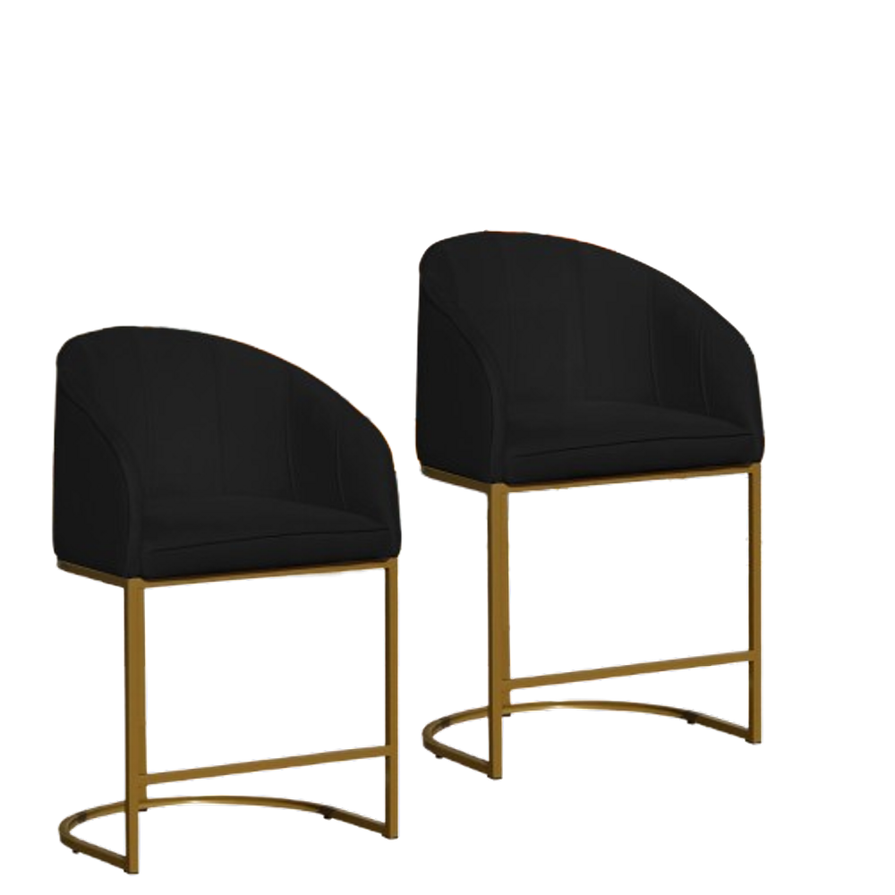 Kit 02 Poltronas Cadeira Banqueta Mia Base Dourada Veludo Preto - Montanaris Decor