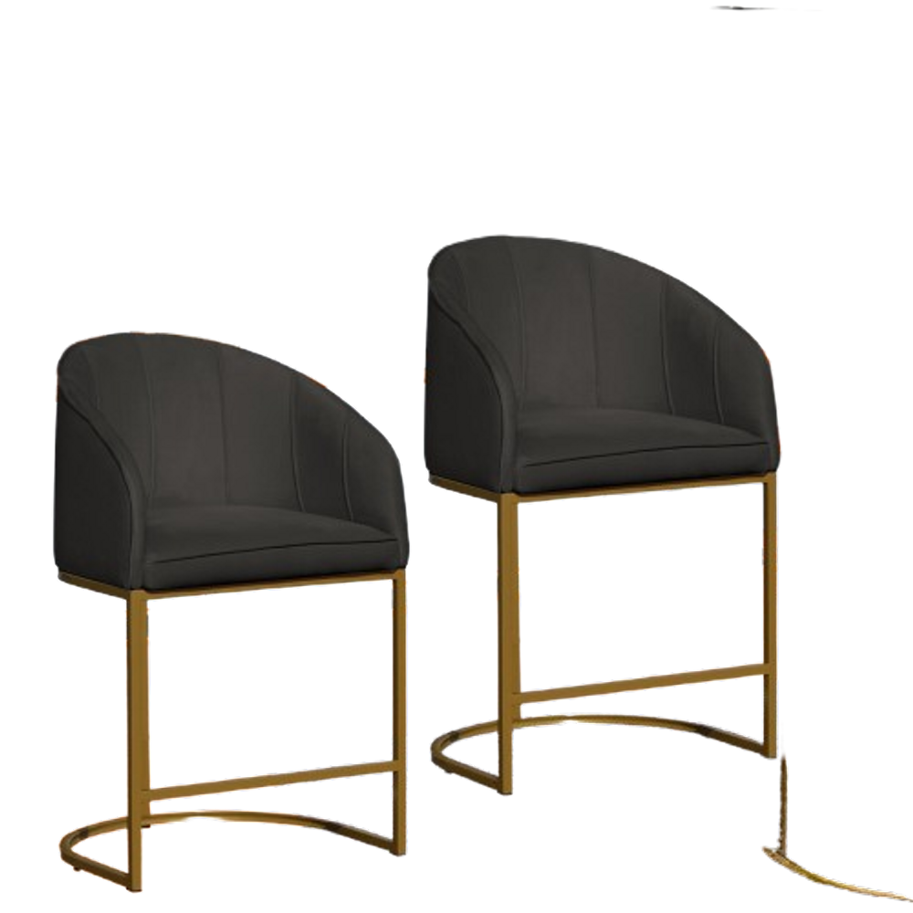Kit 02 Poltronas Cadeira Banqueta Mia Base Dourada Veludo Grafite - Montanaris Decor