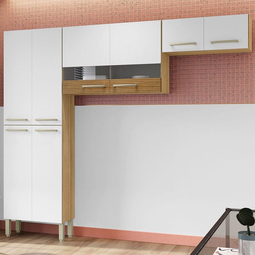 Cozinha Compacta Nala 8 Portas com Vidro Ripado 3d Freijó/Supremo - Kits Paraná