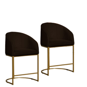 Kit 02 Poltronas Cadeira Banqueta Mia Base Dourada Veludo Marrom - Montanaris Decor