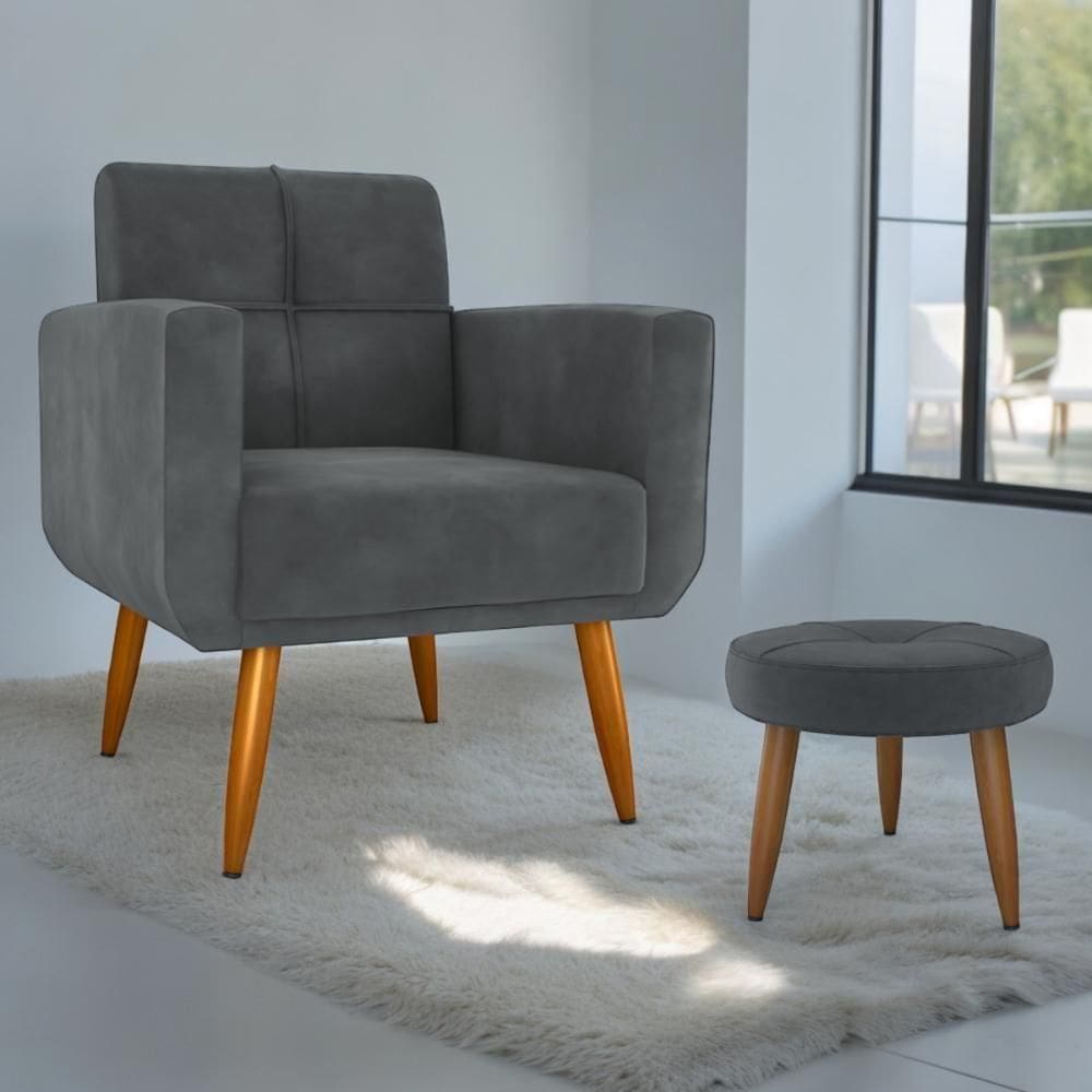 Conjunto Poltrona E Puff Decorativos Josh Veludo Cinza