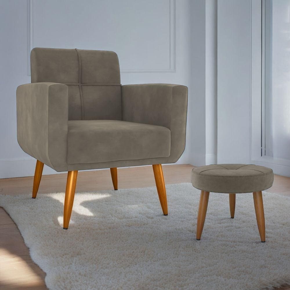 Jogo Poltrona E Puff Para Sala Hazen Veludo Cappuccino