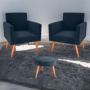 Conjunto Poltronas E Puff Anari Veludo Azul